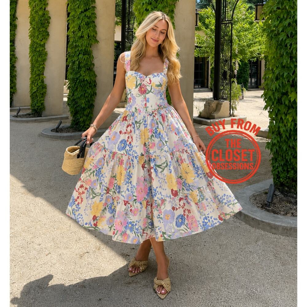 Zara NWT Floral Cotton Midi Dress Sold Out Blogger Favorite Vacation M L - Picture 7 of 16